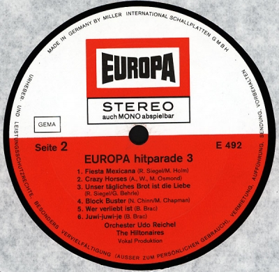 Orchester Udo Reichel, The Hiltonaires  - Europa Hitparade 3 (1973) (LP - Rip)